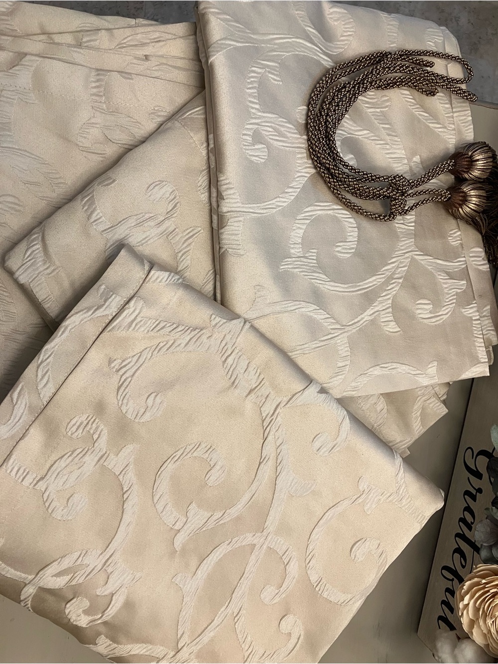 Aprima Elegant Taupe 4 Curtain Panels with 2 Tassel Tiebacks